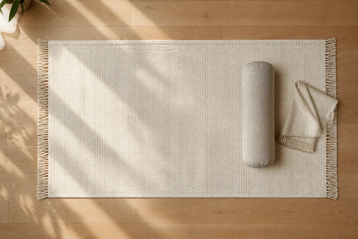 Tapis de sol en coton tissé écru déroulé dans une pièce lumineuse