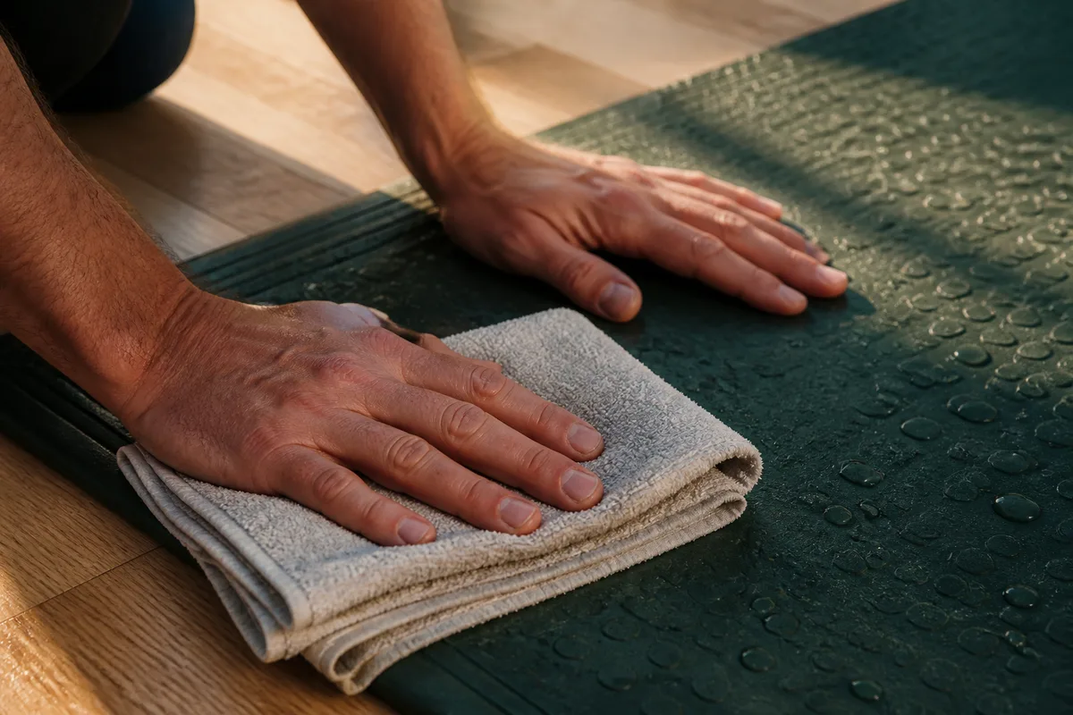 Mains nettoyant la surface d’un tapis de sol avec un linge humide