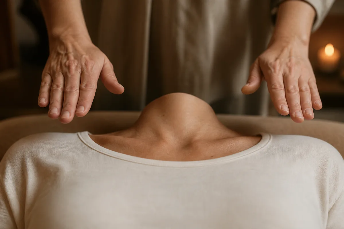 Mains posées délicatement au-dessus des épaules d’une personne allongée lors d’une séance de relaxation