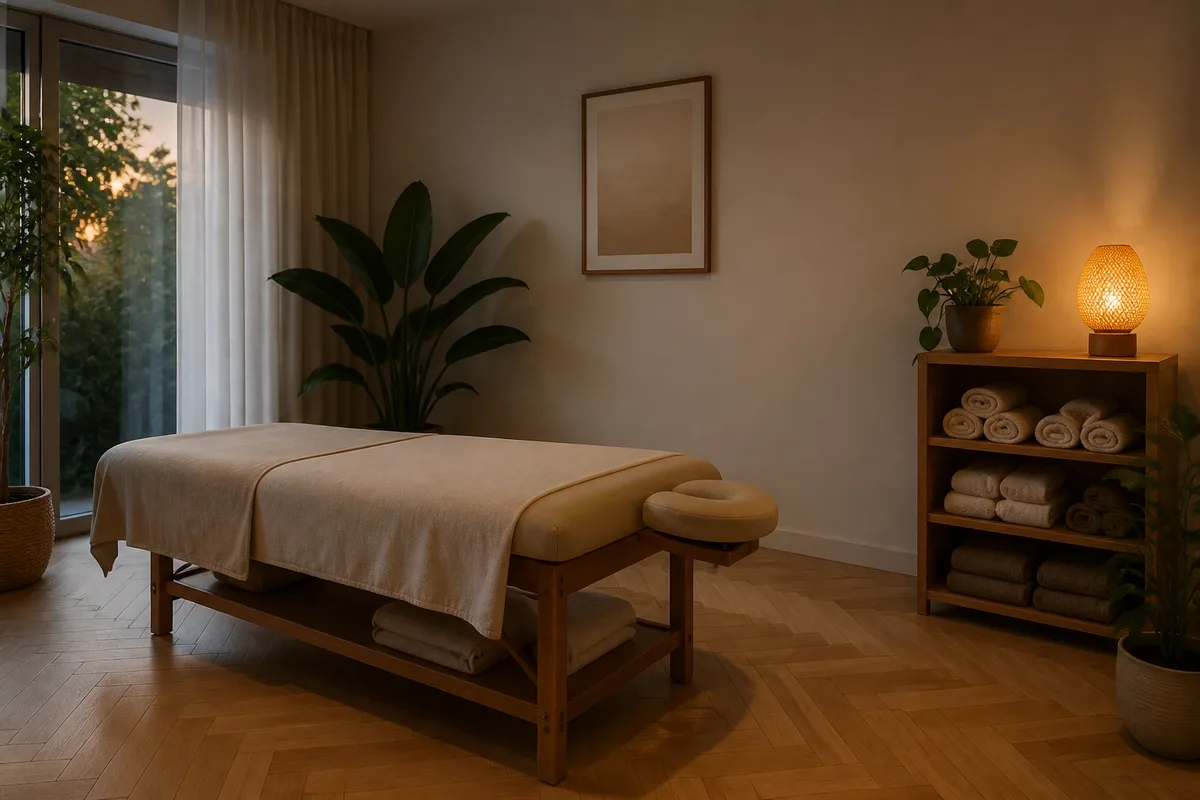 Cabinet de bien-être épuré avec plantes vertes, table de soin et lumière douce en fin de journée