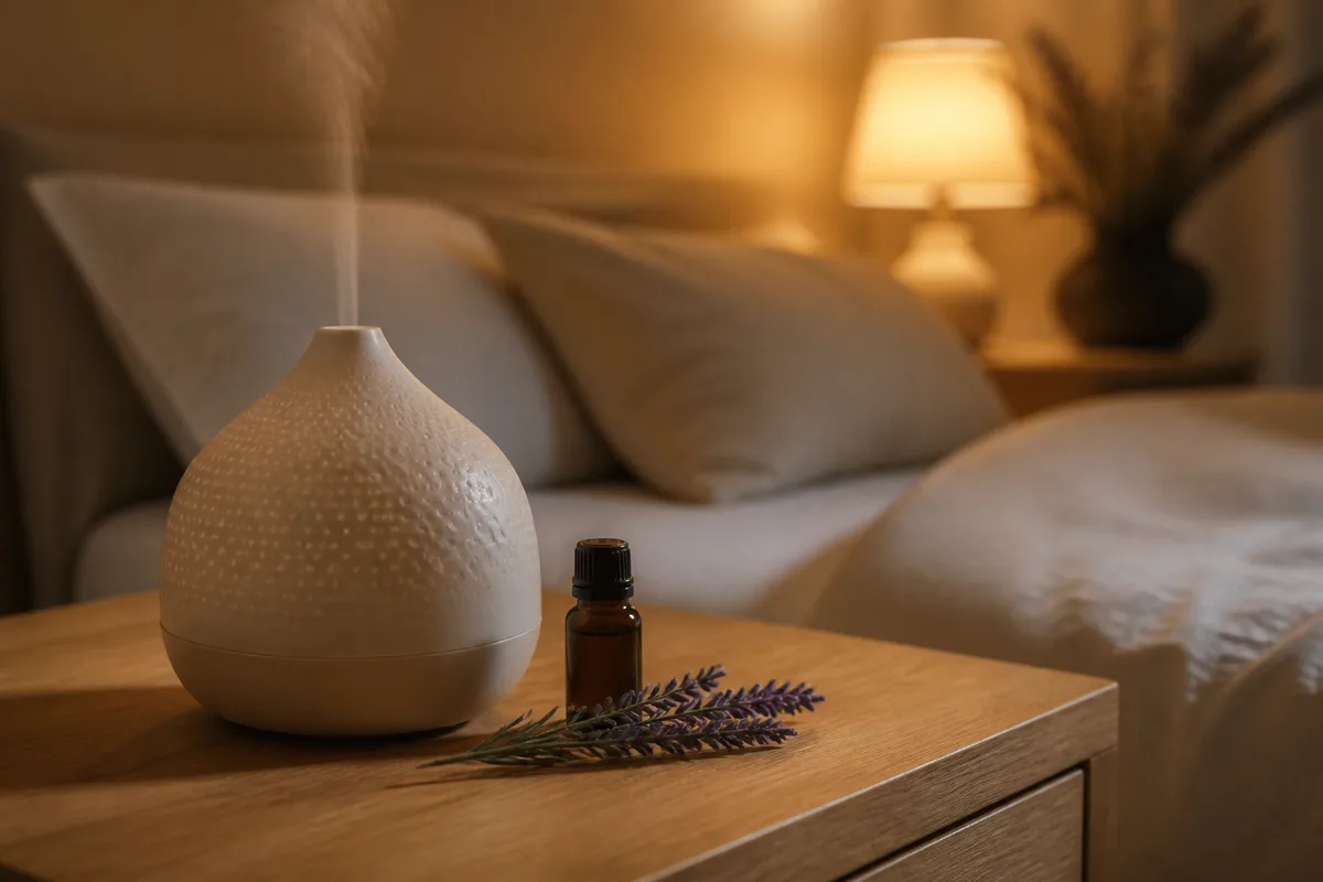 Diffuseur d’huile essentielle de lavande posé sur une table de chevet
