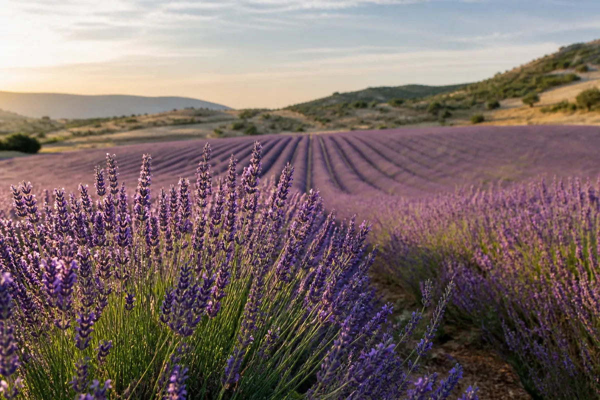 Champ de lavande en fleurs en Provence sous la lumière du matin