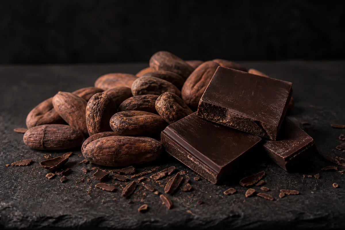 Coupelle en bois clair remplie d’amandes entières et de noix du Brésil sur un plan de travail en pierre