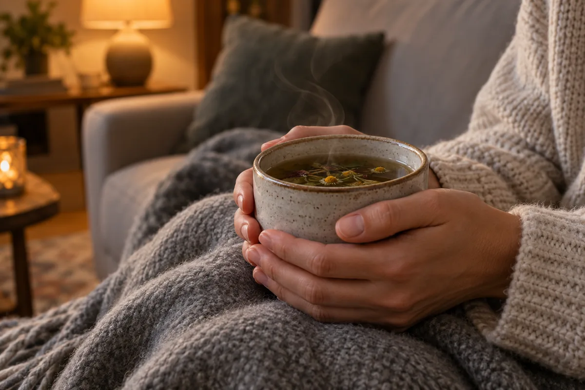 Mains tenant une tasse d’infusion fumante au-dessus d’un plaid en laine grise dans un salon éclairé par une lampe