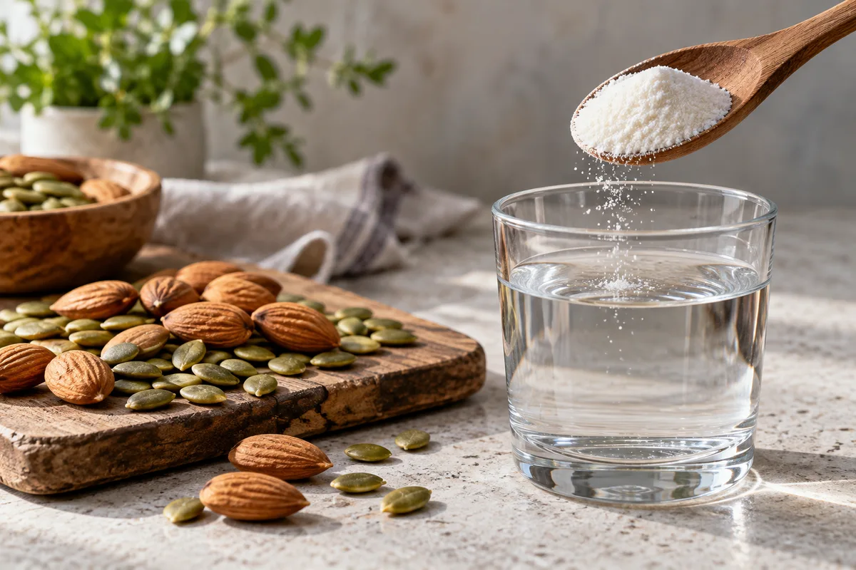 Poudre blanche fine dans une cuillère en bois au-dessus d’un verre d’eau, amandes et graines de courge posées sur une planche