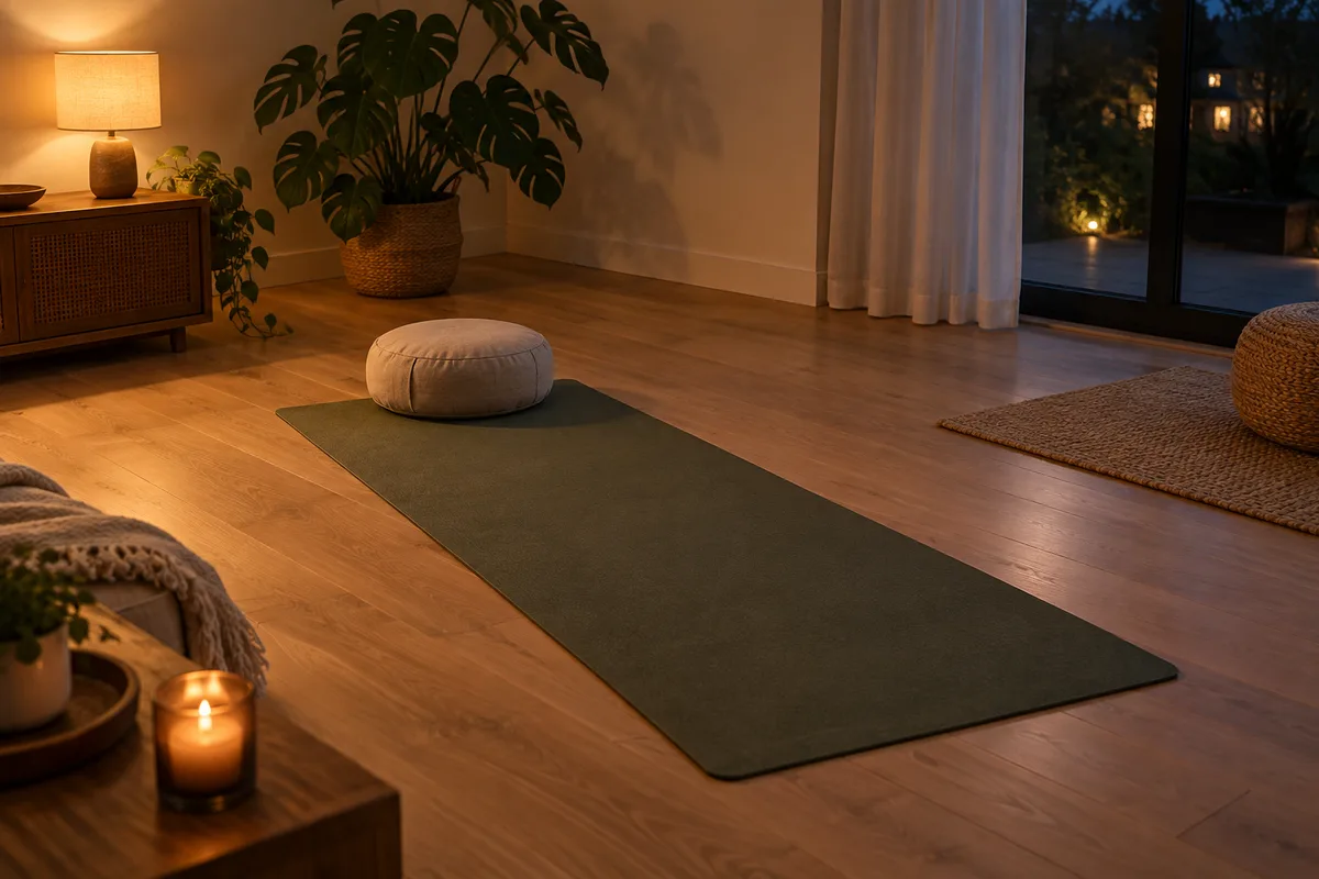 Tapis de yoga déroulé dans un salon calme le soir, coussin de méditation rond et bougie allumée dans un photophore