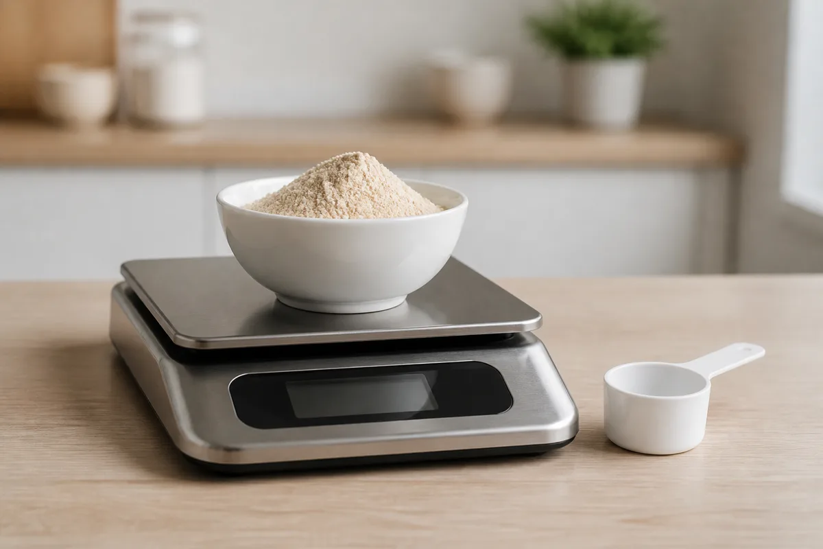 Balance de cuisine numérique et cuillère doseuse remplie de poudre claire sur un plan de travail en bois
