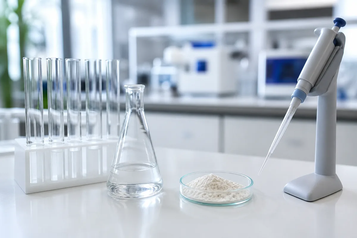 Éprouvettes graduées et matériel de verrerie sur une paillasse de laboratoire éclairée en lumière naturelle