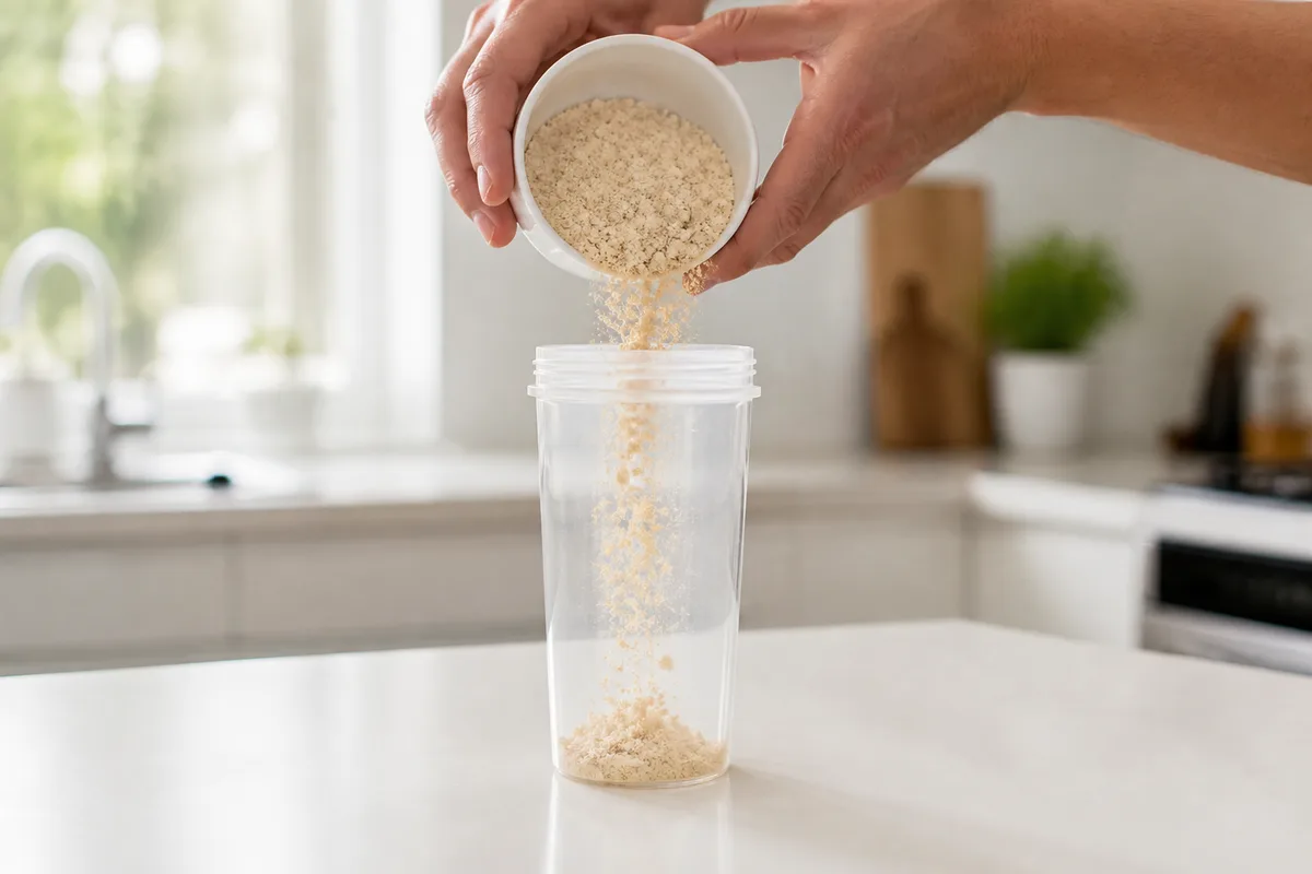 Mains versant une poudre claire d’un bol vers un shaker transparent sur un plan de travail lumineux