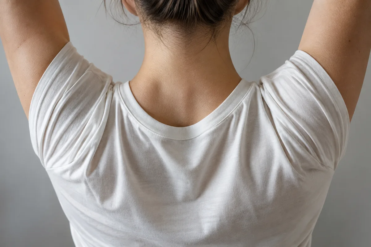 Épaules et nuque vues de dos, bras levés en étirement vers le haut sur fond neutre