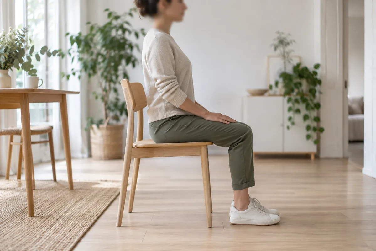 Personne assise de profil flou sur une chaise en bois, mains posées sur les cuisses, pièce lumineuse
