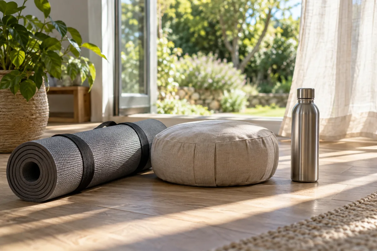 Tapis de sol roulé, coussin et gourde en inox posés près d’une fenêtre ouverte sur un jardin