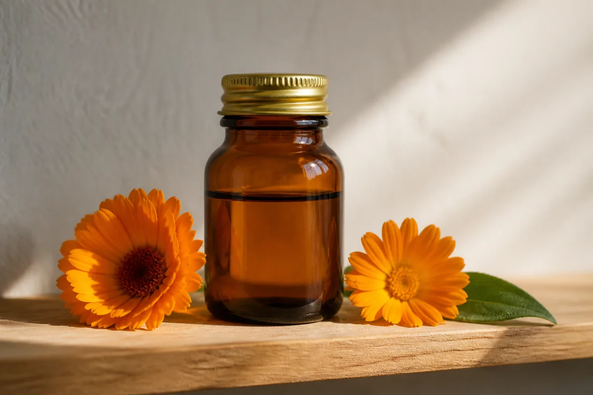 Petit flacon de verre ambré et fleurs de calendula posés sur une étagère claire de salle de bain