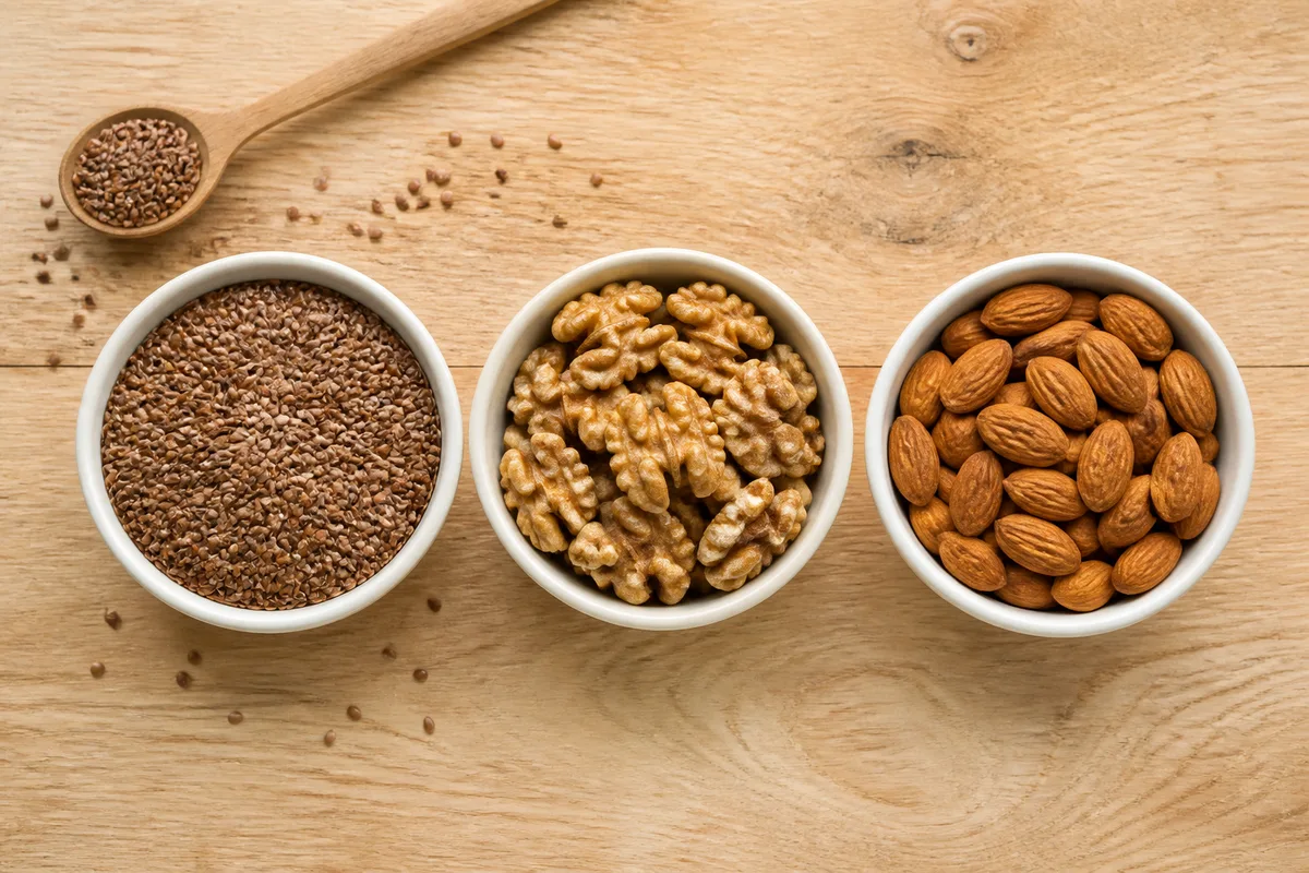 Bols de graines de lin, noix et amandes disposés sur un plan de travail en bois clair