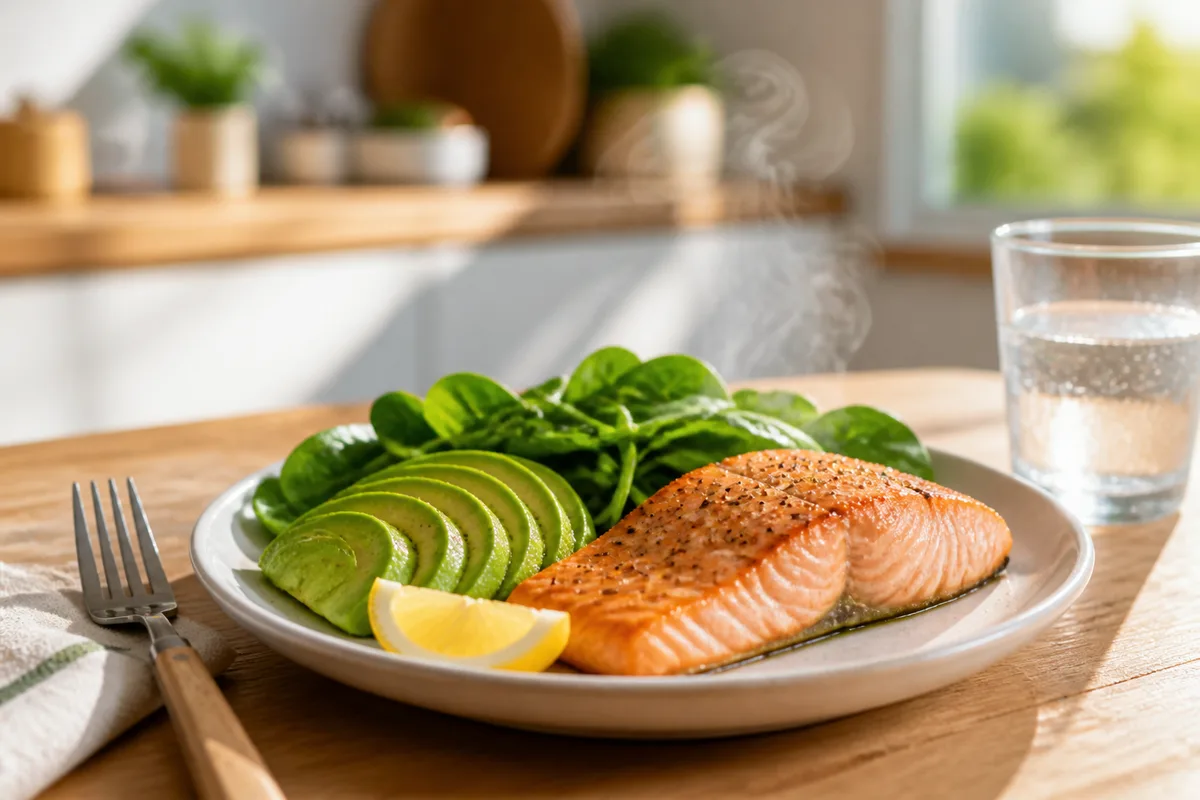 Assiette de saumon, avocat et légumes verts sur une table de cuisine lumineuse