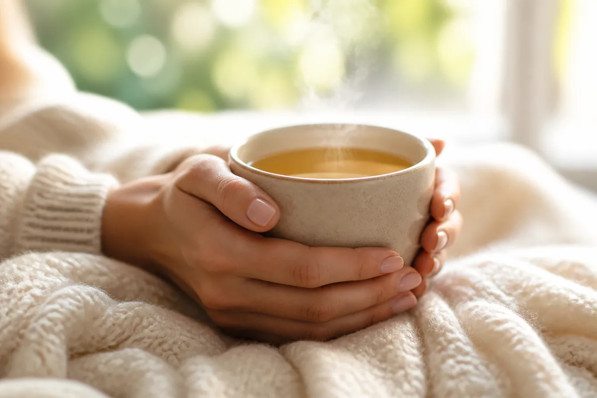 Mains de femme tenant une tasse de tisane fumante près d’une fenêtre, lumière naturelle du matin