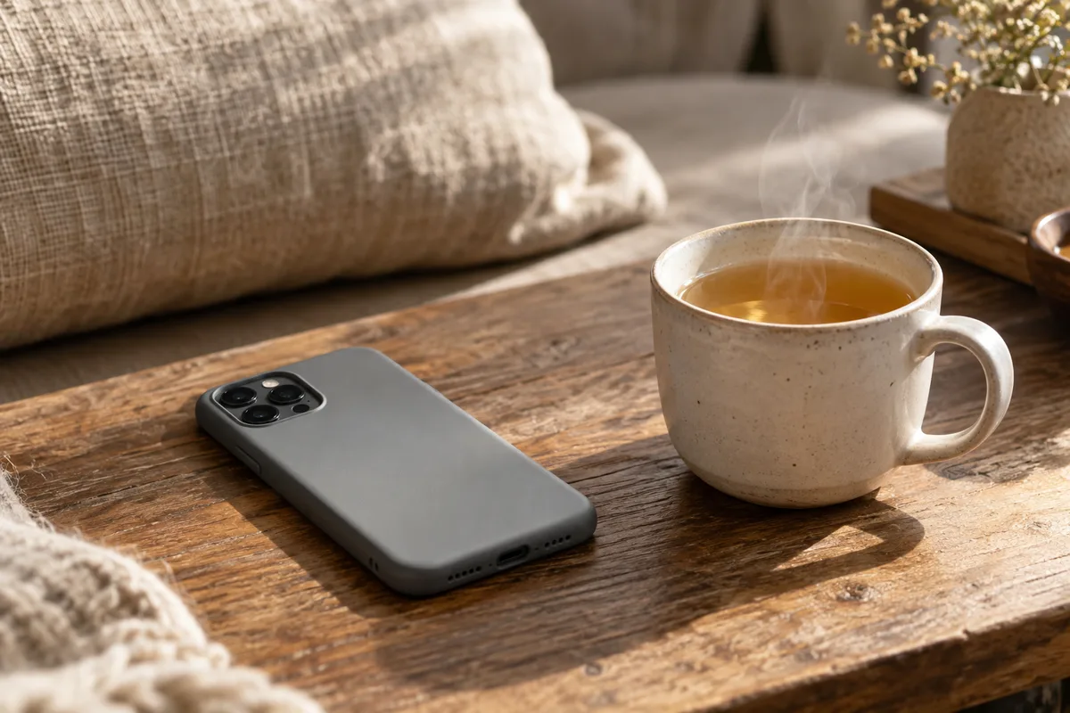 Téléphone posé face contre table à côté d’une tasse de tisane fumante