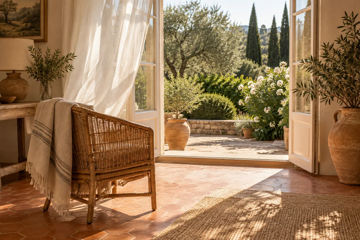 Fenêtre ouverte sur un jardin méditerranéen avec une chaise en rotin vide