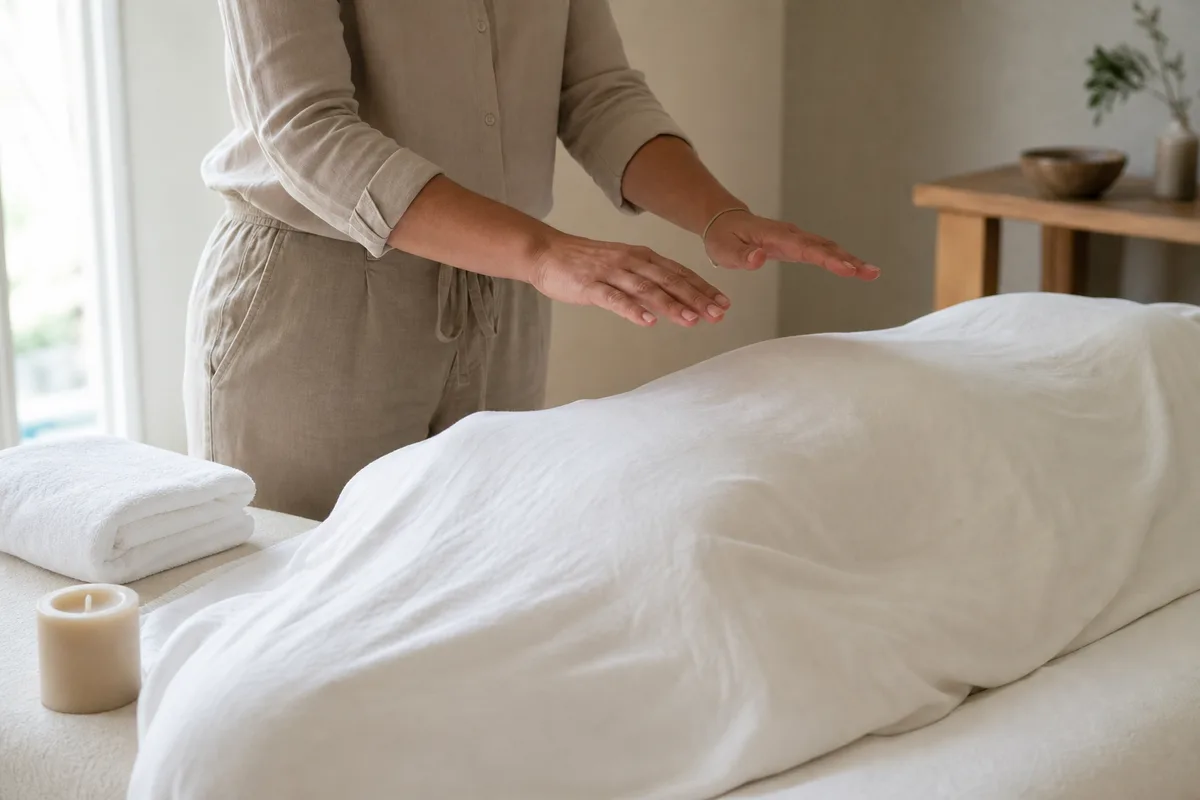 Mains d’un praticien en imposition au-dessus du dos d’une personne allongée