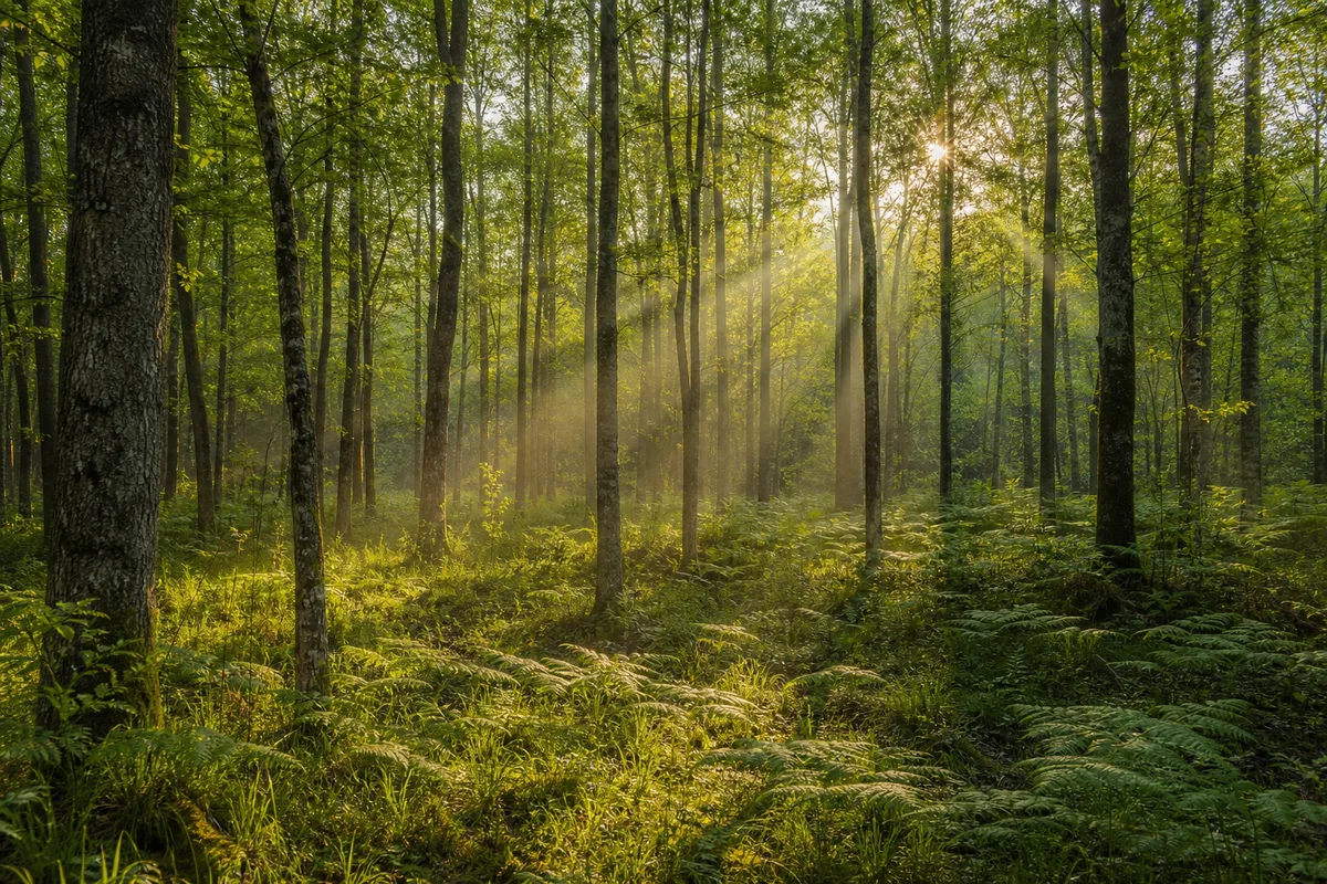 Clairière calme au lever du jour, lumière douce filtrant sur la végétation