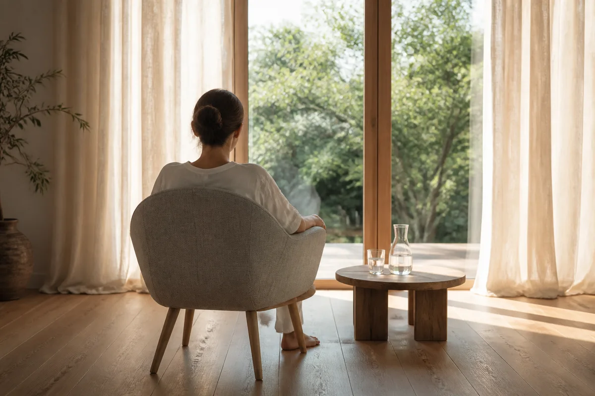 Personne assise de dos dans un cabinet lumineux pendant une séance de relaxation guidée