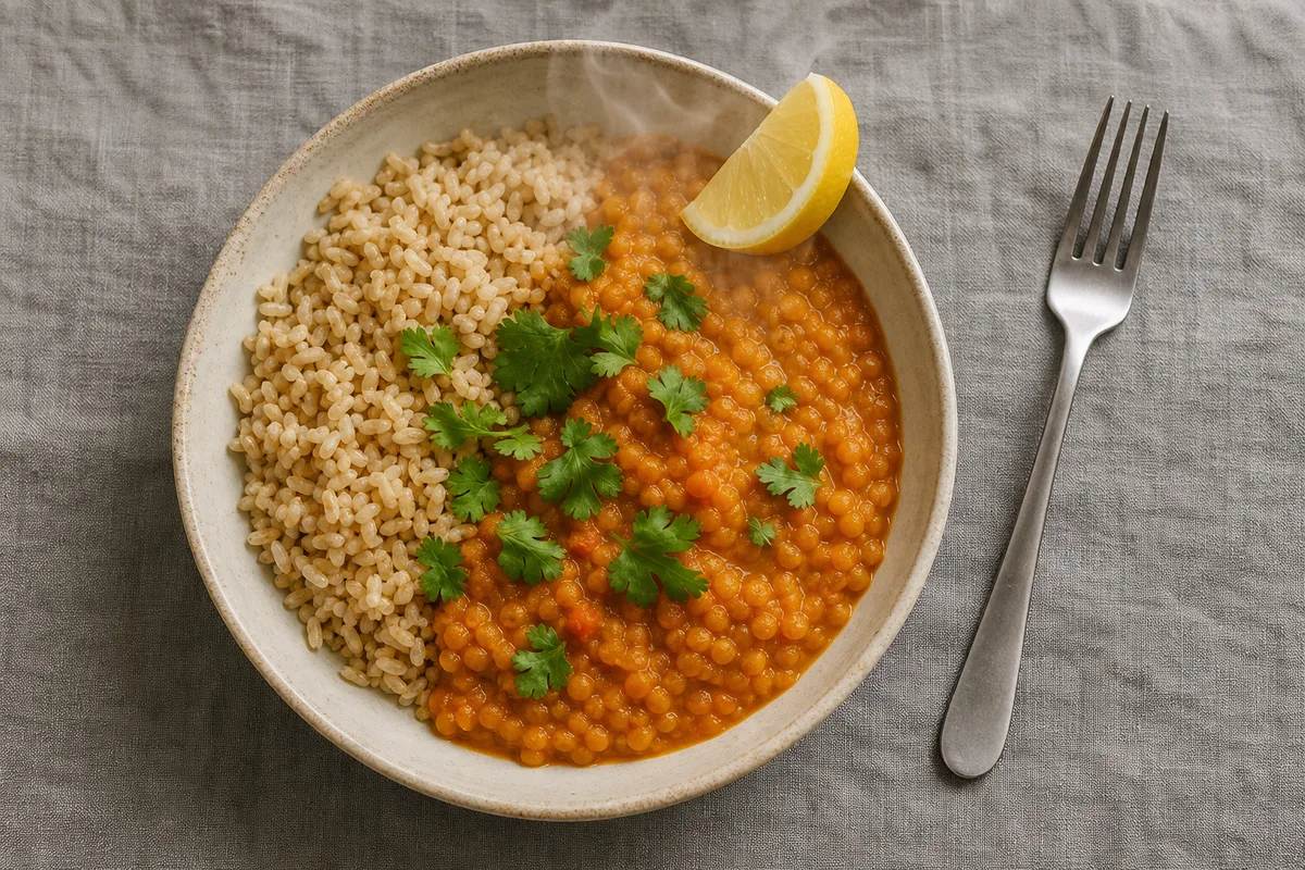 Assiette de riz complet et de lentilles corail vue de dessus