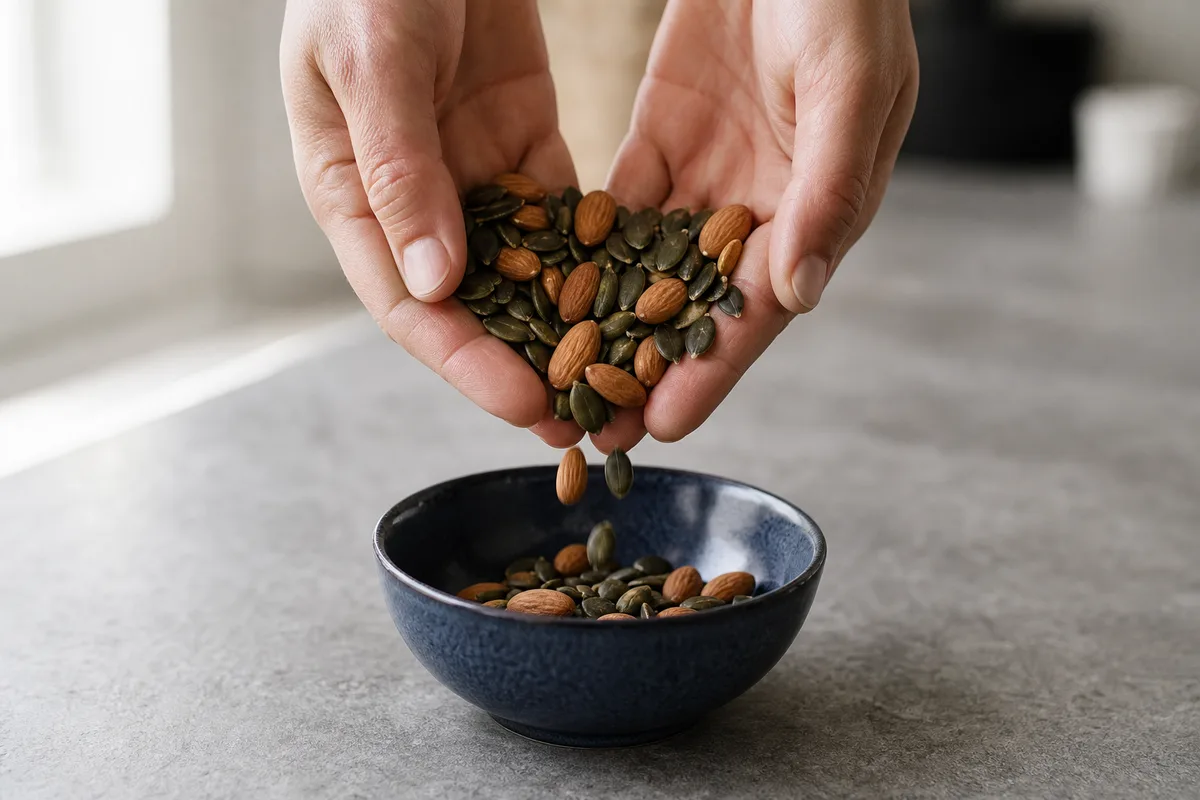 Poignée de graines de courge et d’amandes dans un bol en céramique