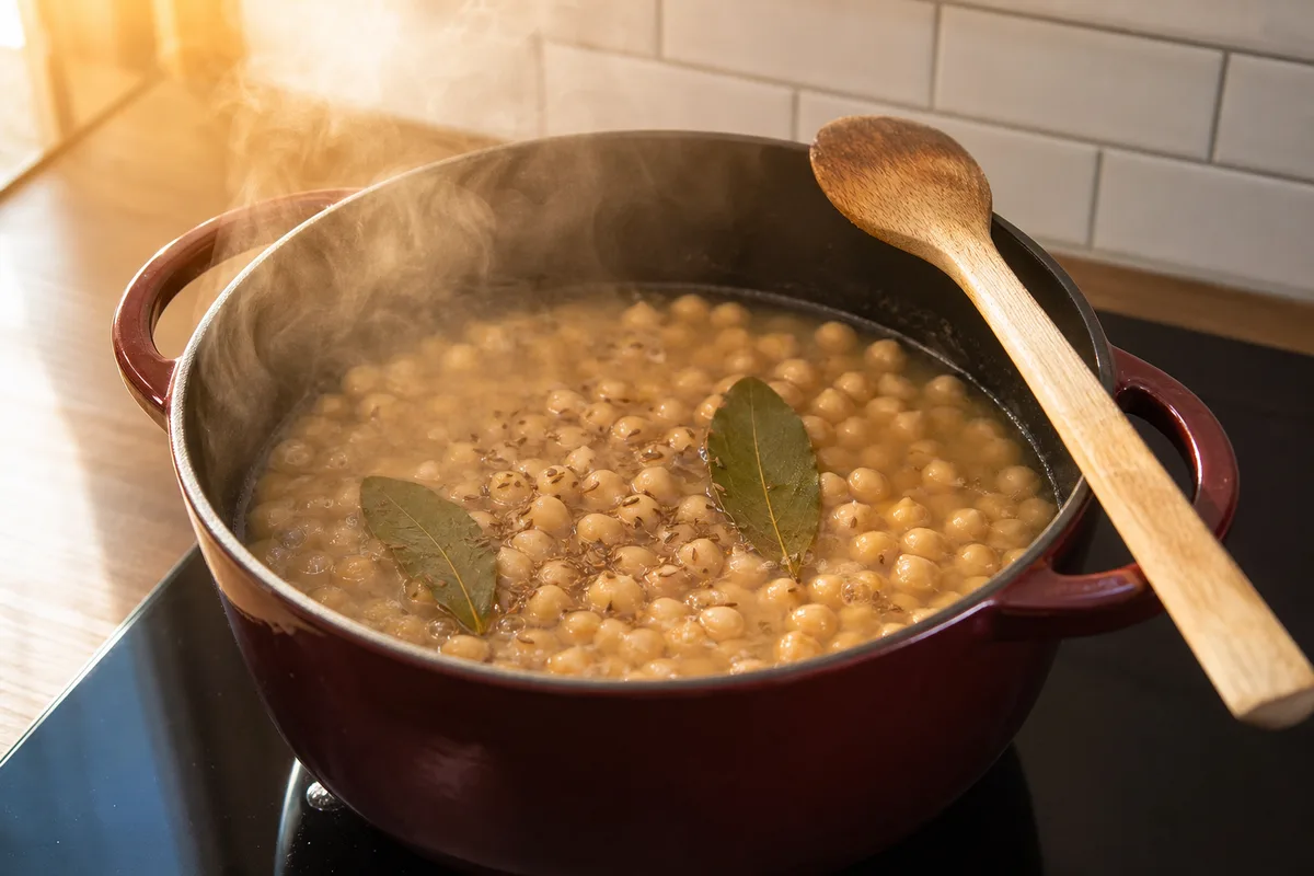 Casserole de pois chiches en train de mijoter avec du laurier
