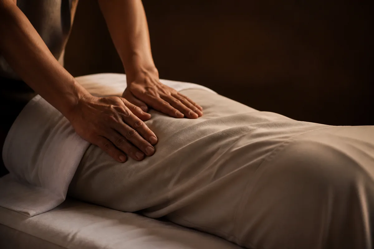 Mains d’une praticienne massant le haut du dos sur une table de massage drapée de blanc