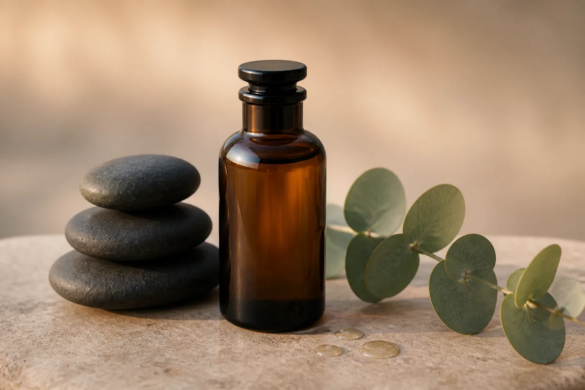Flacon d’huile de massage uni posé près de galets sombres et de feuillage vert, lumière douce