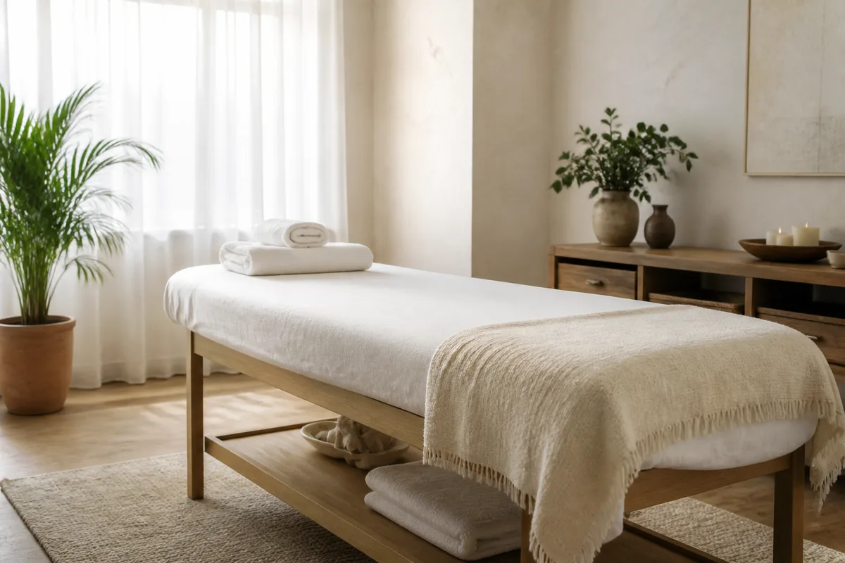 Table de massage préparée dans une pièce claire, linge blanc plié et plante verte en arrière-plan
