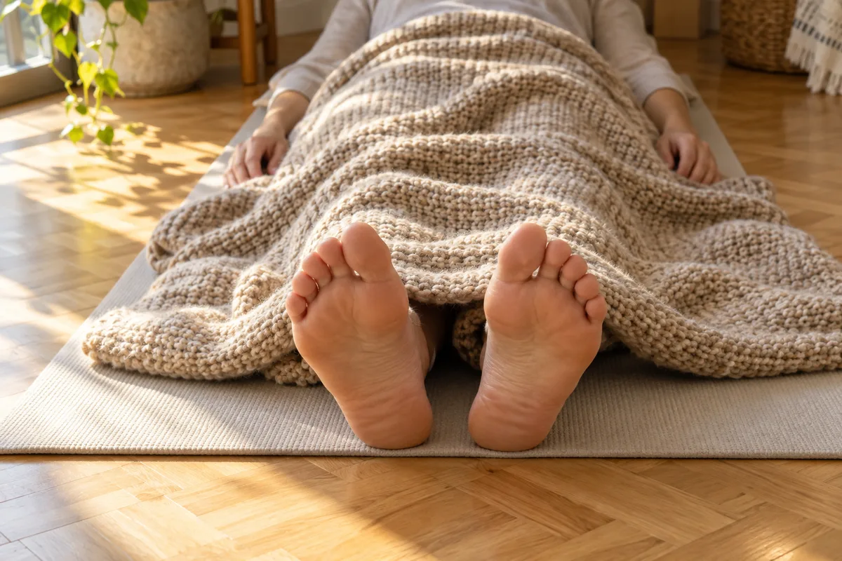 Personne allongée sur le dos sur un tapis, vue depuis les pieds, corps recouvert d’une couverture beige