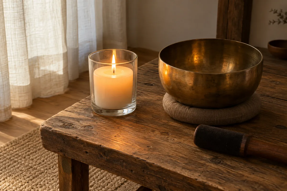 Bougie dans un photophore en verre et bol chantant en laiton sur une table basse en bois