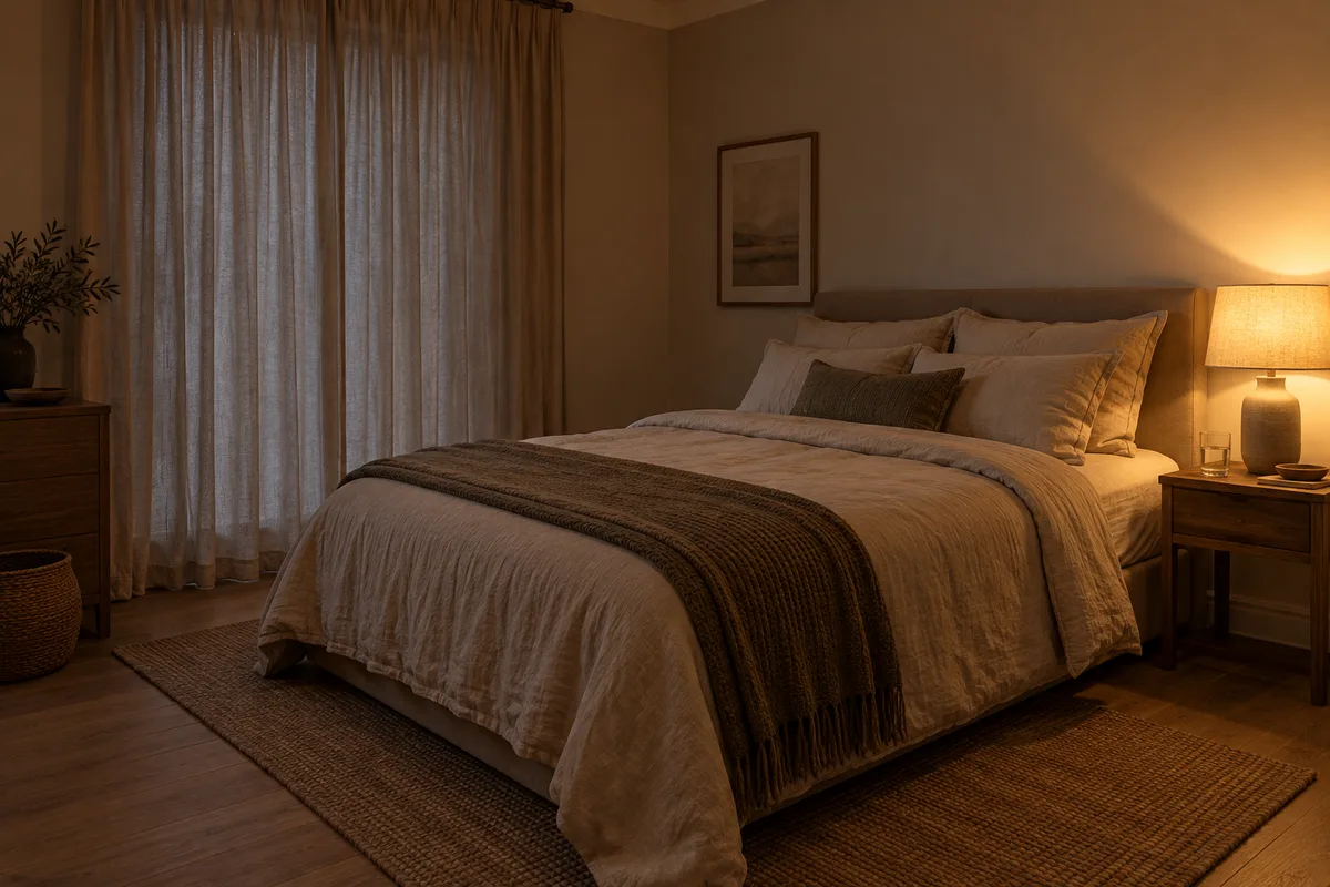 Chambre calme au soir, lit aux draps en lin, lampe de chevet allumée et rideau tiré